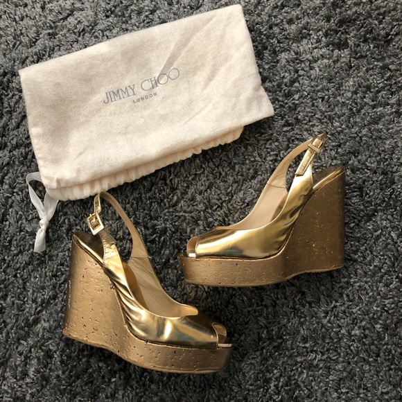 Jimmy Choo Gold Prova Leather Wedge Slingback - Picture 2 of 7